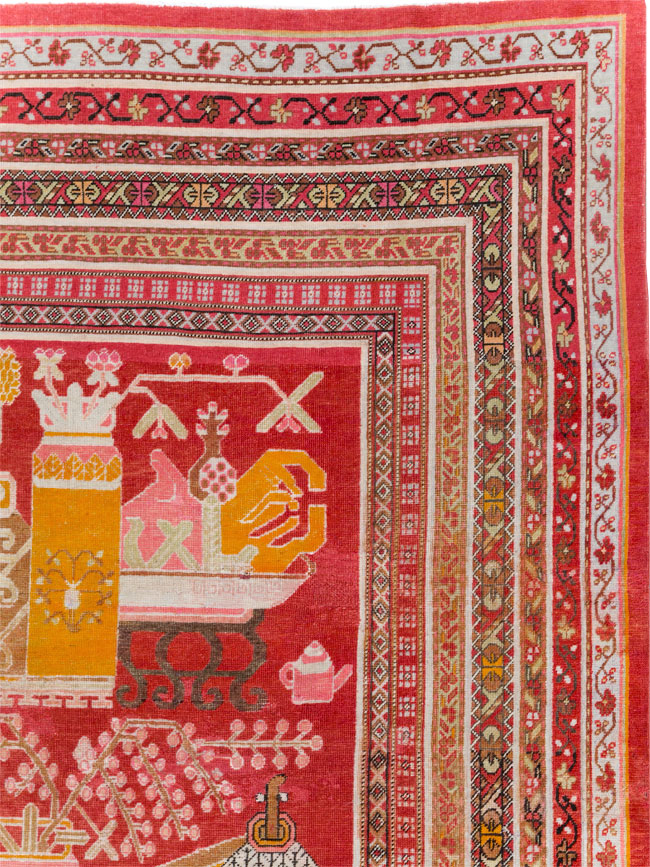 Antique East Turkestan Pictorial Vase Khotan Room Size Carpet, No.30852 - Gsblank