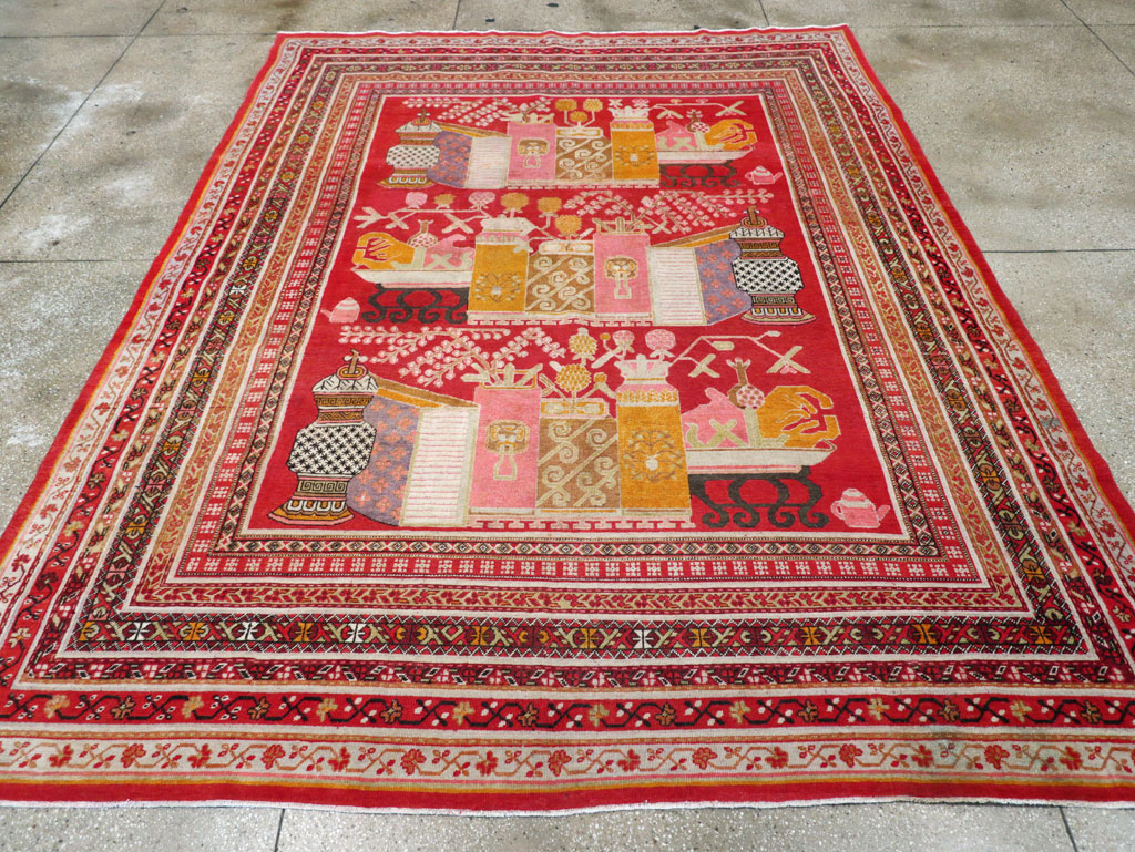 Antique East Turkestan Pictorial Vase Khotan Room Size Carpet, No.30852 - Gsblank