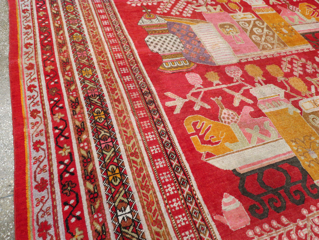 Antique East Turkestan Pictorial Vase Khotan Room Size Carpet, No.30852 - Gsblank