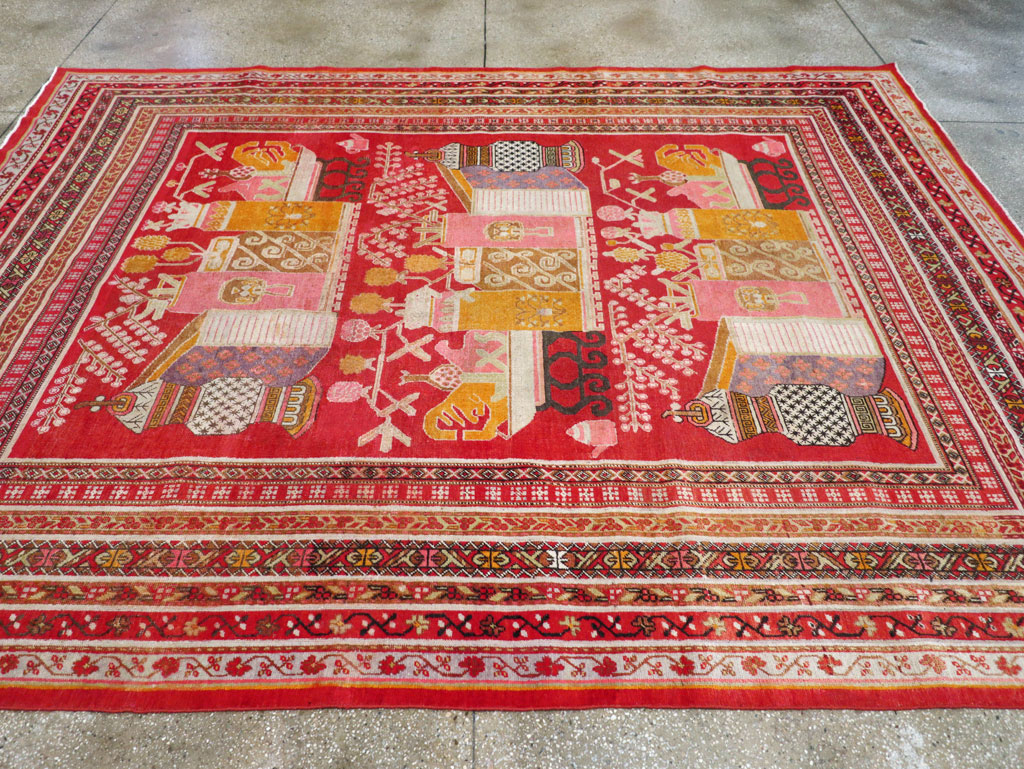 Antique East Turkestan Pictorial Vase Khotan Room Size Carpet, No.30852 - Gsblank