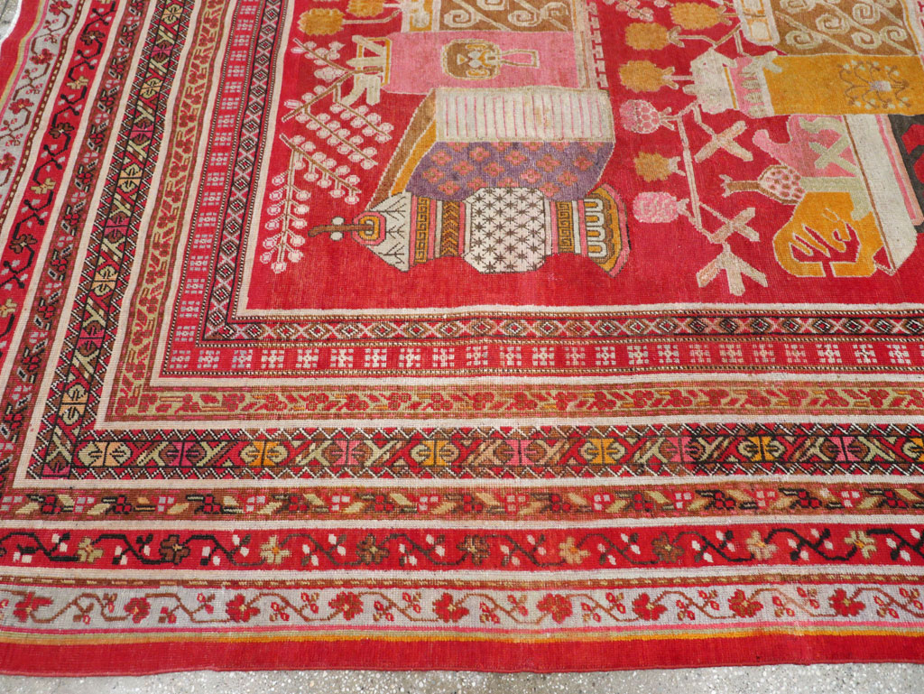 Antique East Turkestan Pictorial Vase Khotan Room Size Carpet, No.30852 - Gsblank