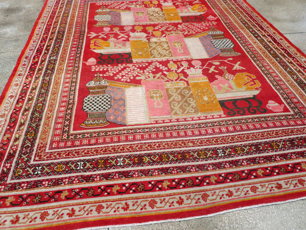 Antique East Turkestan Pictorial Vase Khotan Room Size Carpet, No.30852 - Gsblank