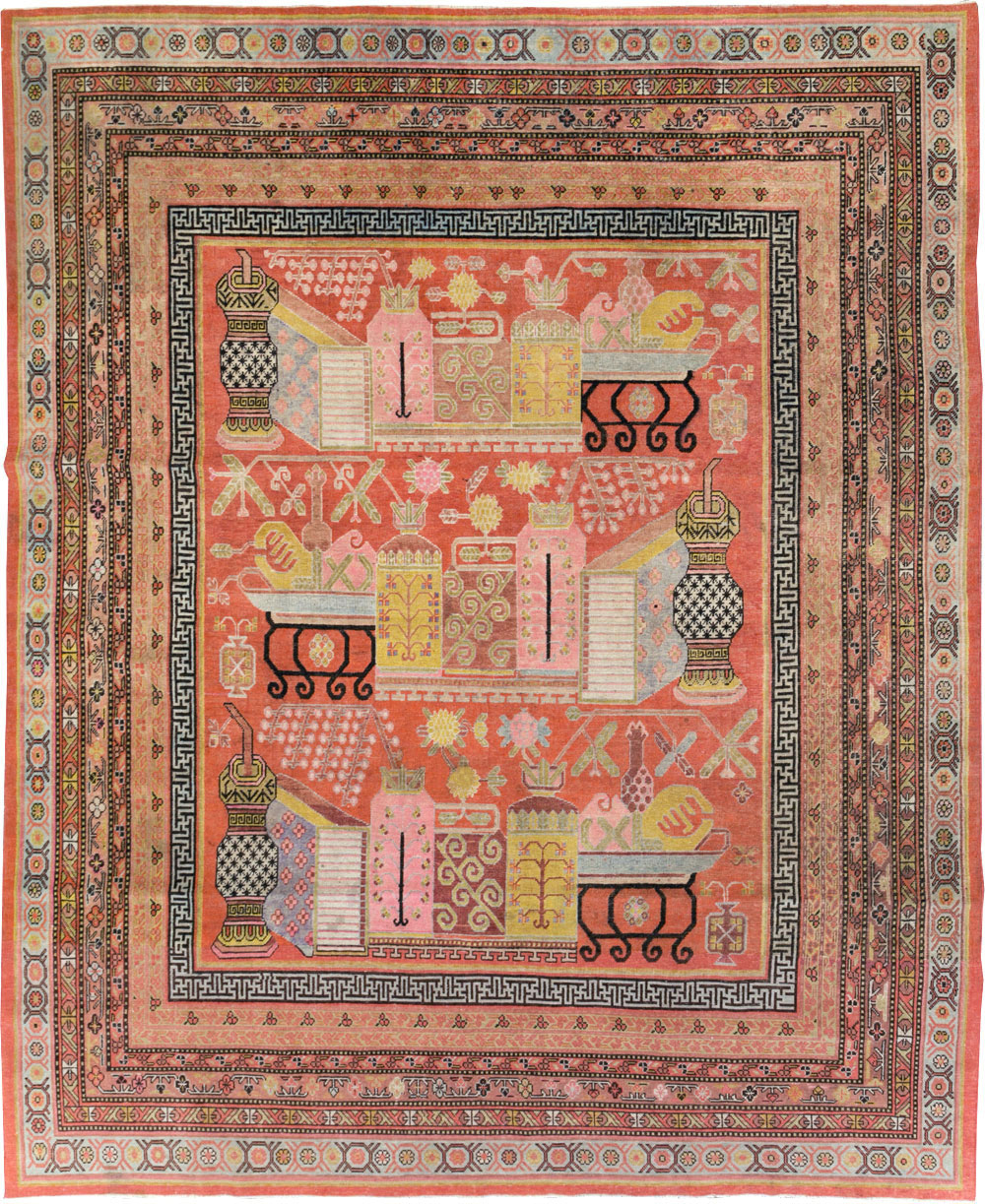 Antique East Turkestan Vase Khotan Room Size Carpet, No.30927 - Gsblank