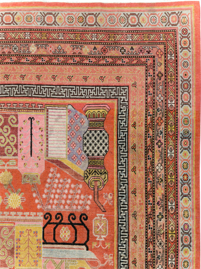 Antique East Turkestan Vase Khotan Room Size Carpet, No.30927 - Gsblank