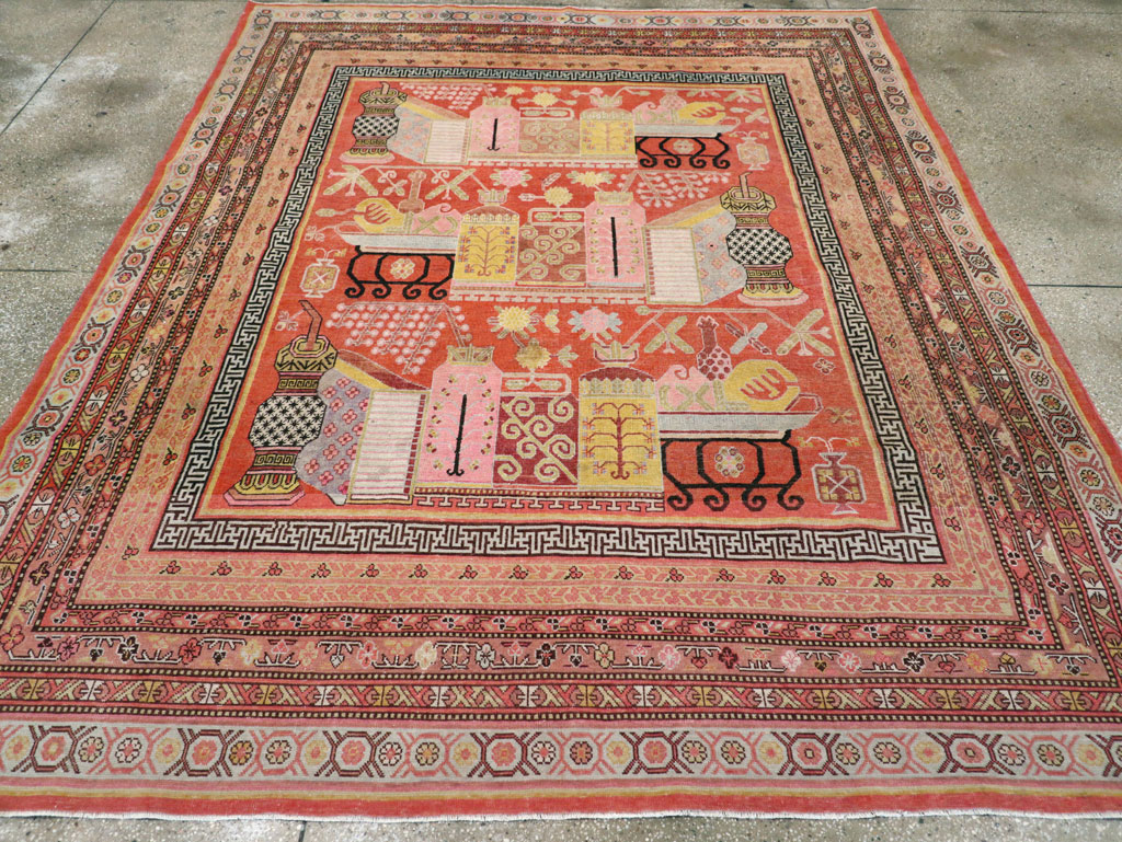 Antique East Turkestan Vase Khotan Room Size Carpet, No.30927 - Gsblank