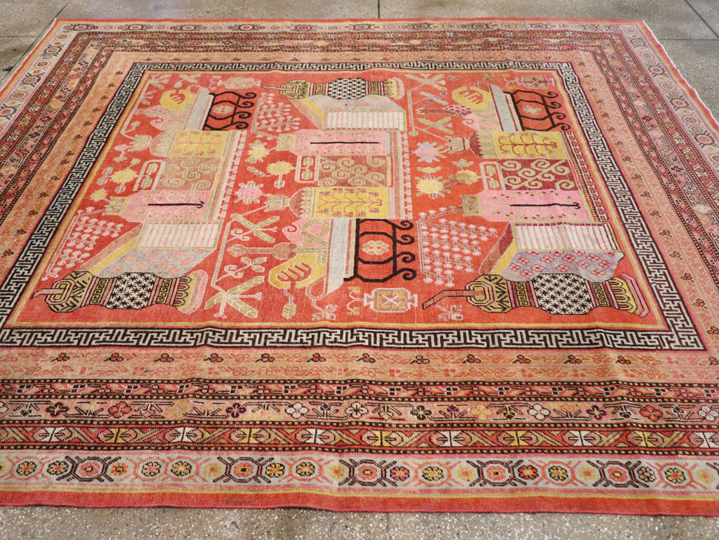 Antique East Turkestan Vase Khotan Room Size Carpet, No.30927 - Gsblank