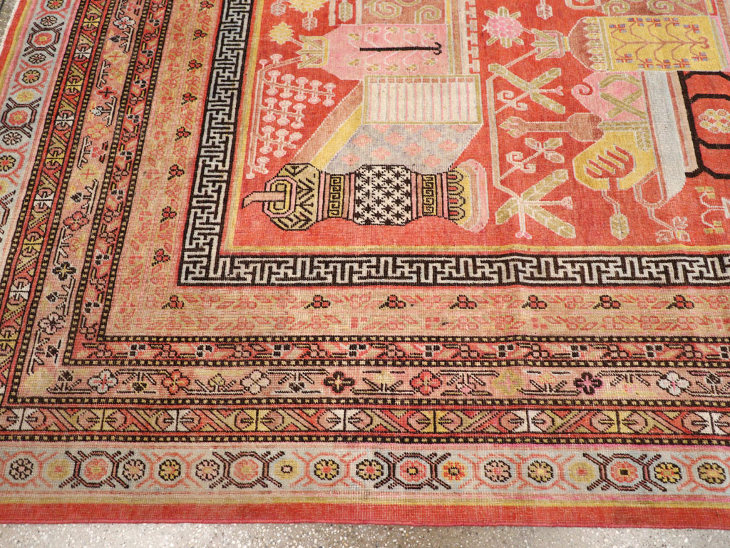 Antique East Turkestan Vase Khotan Room Size Carpet, No.30927 - Gsblank