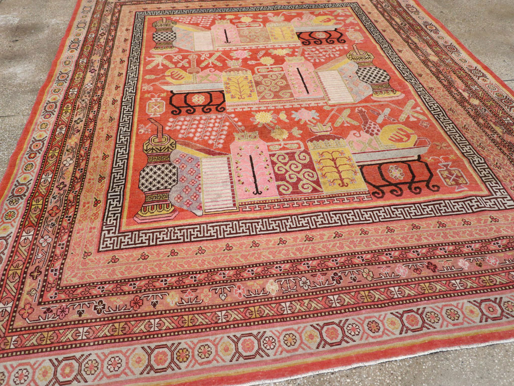 Antique East Turkestan Vase Khotan Room Size Carpet, No.30927 - Gsblank