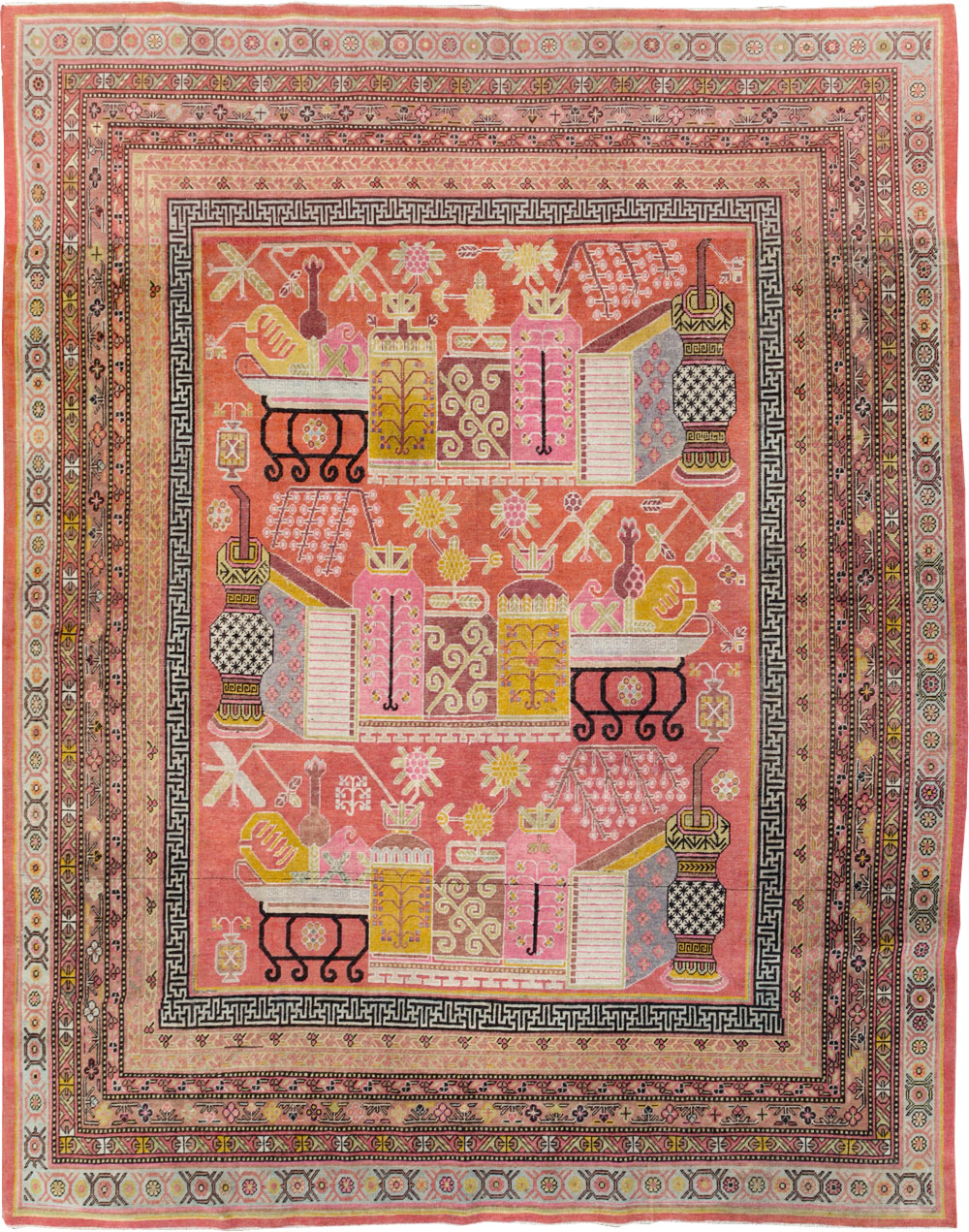 Antique East Turkestan Vase Khotan Small Room Size Carpet, No.31144 - Gsblank