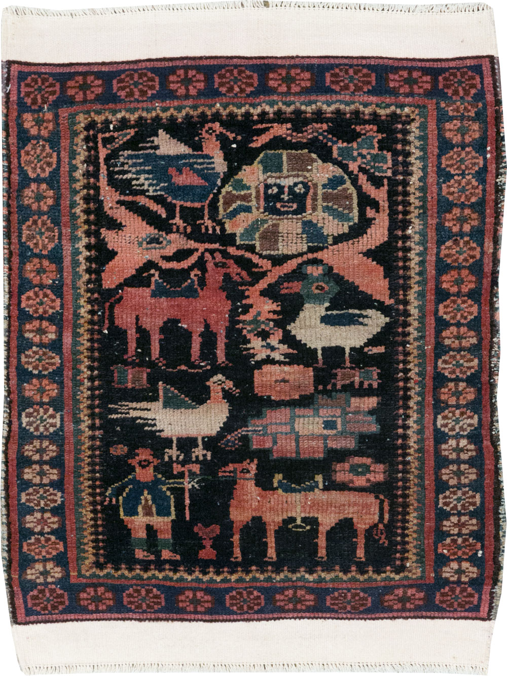 Antique Persian Kurdish Pictorial Throw Rug, No.31345 - Gsblank