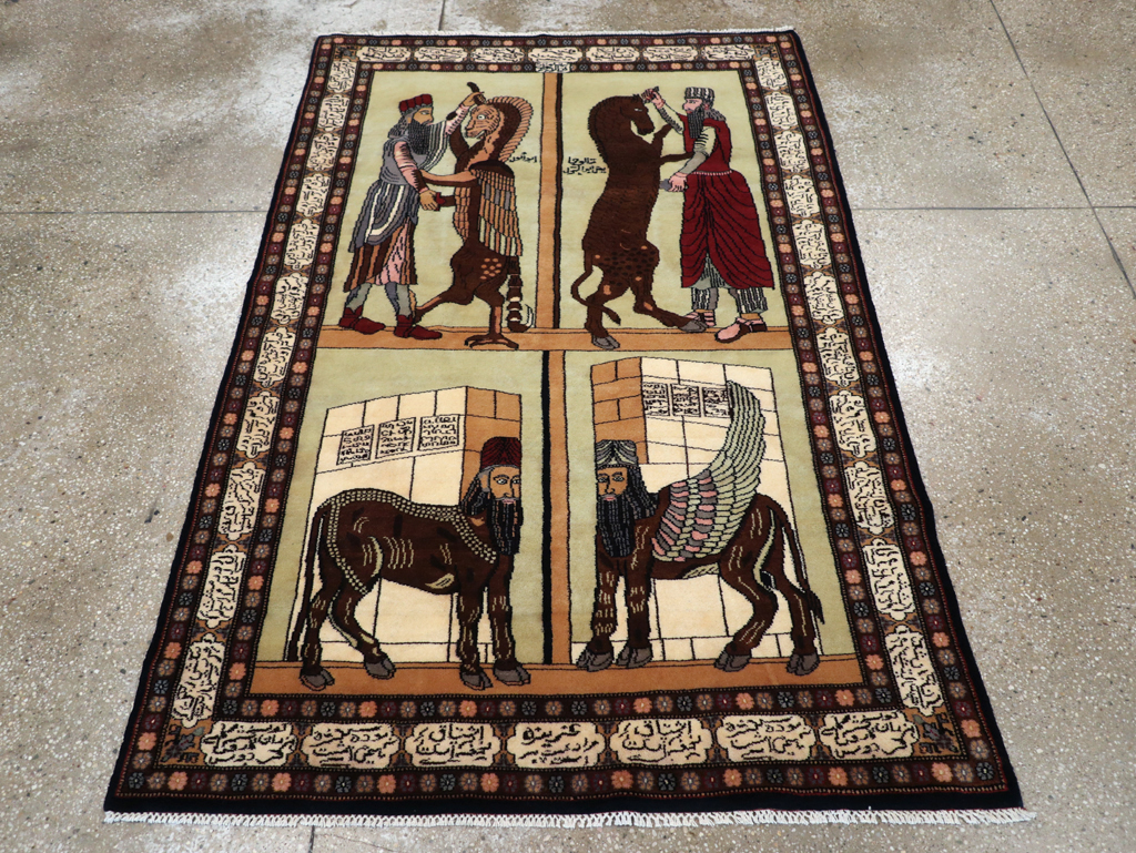 Vintage Turkish Zanjan Pictorial Accent Rug, No.31477 - Gsblank