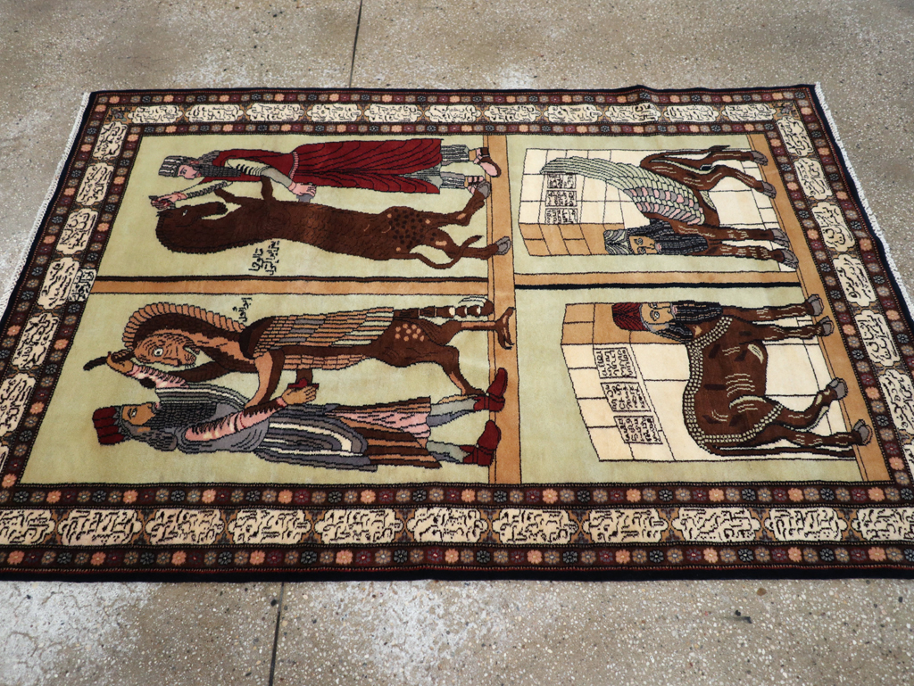 Vintage Turkish Zanjan Pictorial Accent Rug, No.31477 - Gsblank