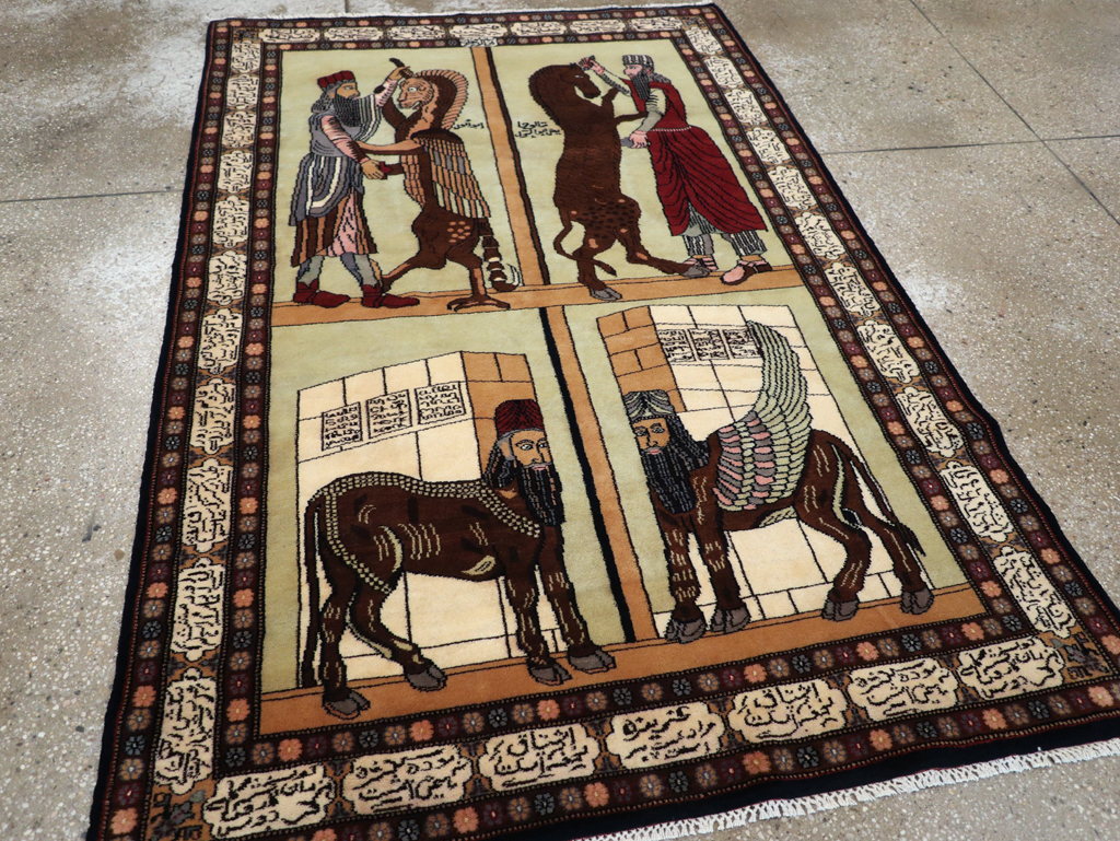 Vintage Turkish Zanjan Pictorial Accent Rug, No.31477 - Gsblank