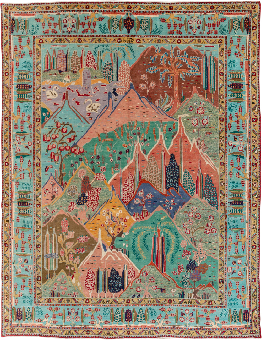 Vintage Persian Tabriz Pictorial Room Size Carpet, No.31566 - Gsblank