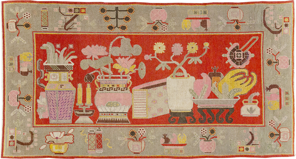 Antique East Turkestan Pictorial Vase Khotan Rug, No.31790 - Gsblank