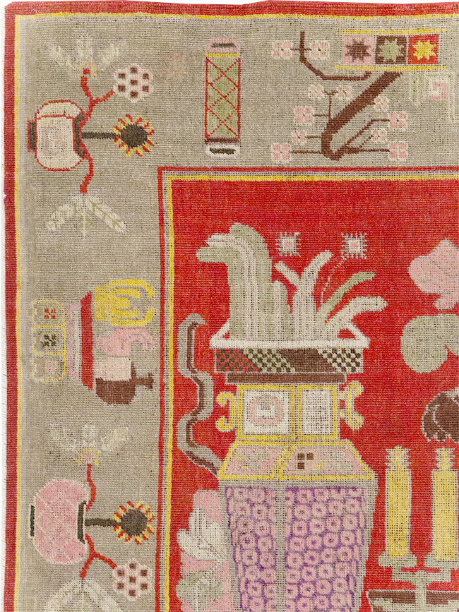 Antique East Turkestan Pictorial Vase Khotan Rug, No.31790 - Gsblank