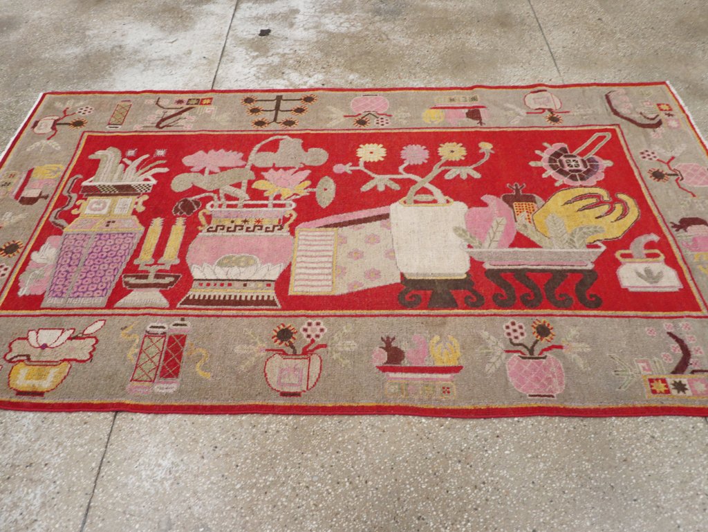 Antique East Turkestan Pictorial Vase Khotan Rug, No.31790 - Gsblank