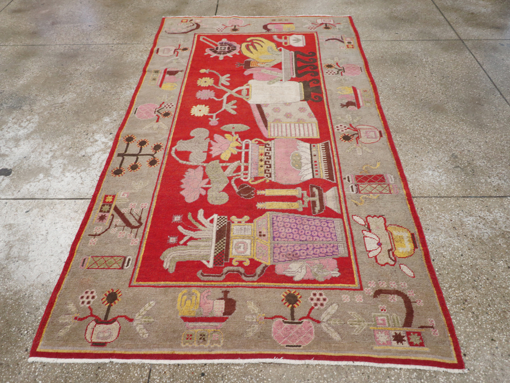 Antique East Turkestan Pictorial Vase Khotan Rug, No.31790 - Gsblank