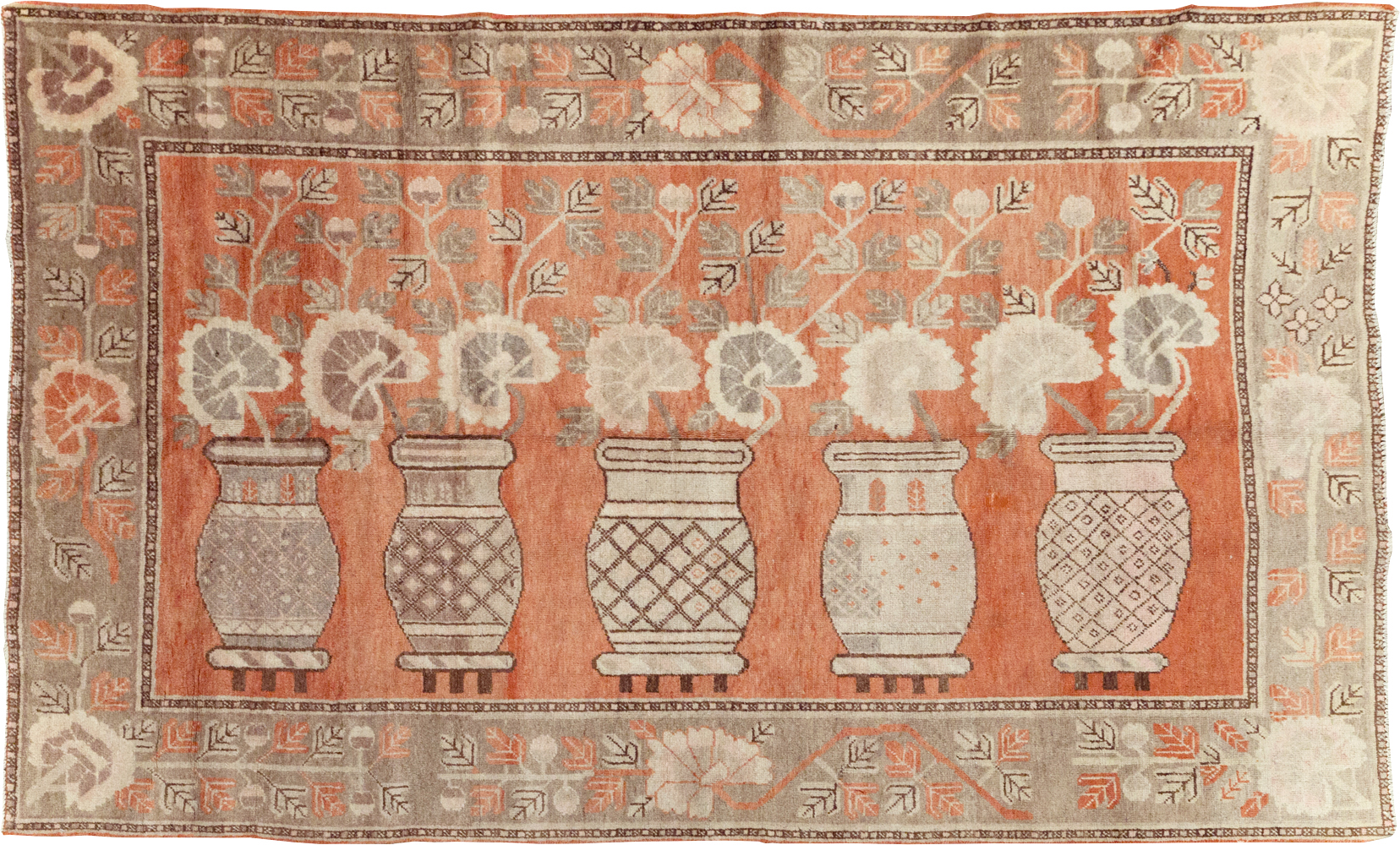 Antique East Turkestan Pictorial Vase Khotan Accent Rug, No.31791 - Gsblank