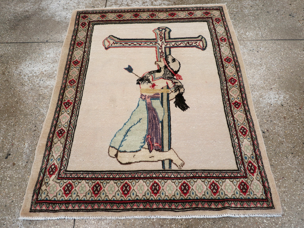 Vintage Persian Tabriz Souf Pictorial Throw Rug, No.31834 - Gsblank