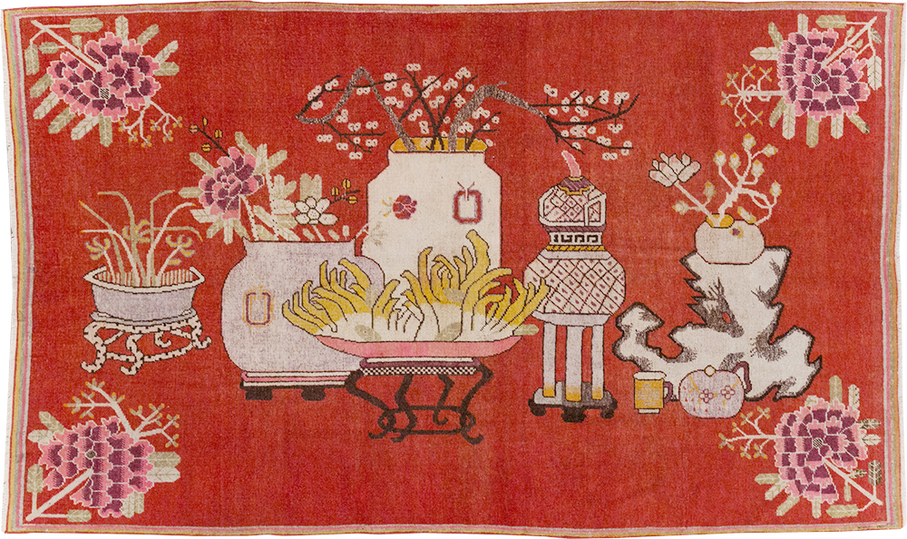 Antique East Turkestan Pictorial Vase Khotan Rug, No.31879 - Gsblank