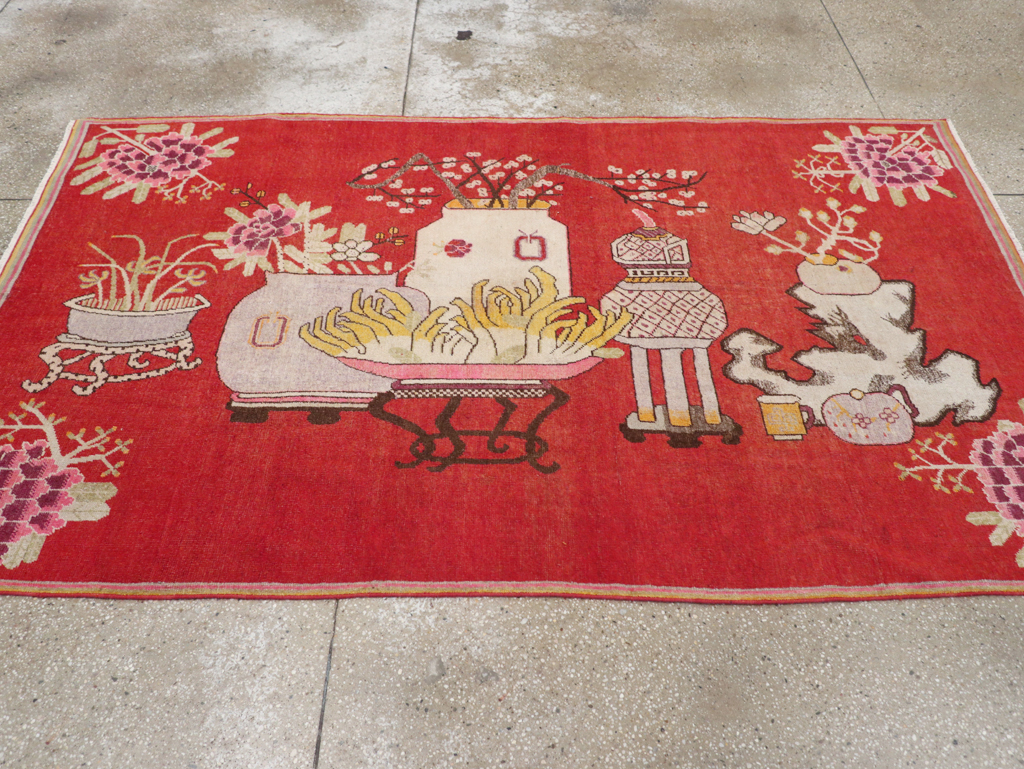 Antique East Turkestan Pictorial Vase Khotan Rug, No.31879 - Gsblank