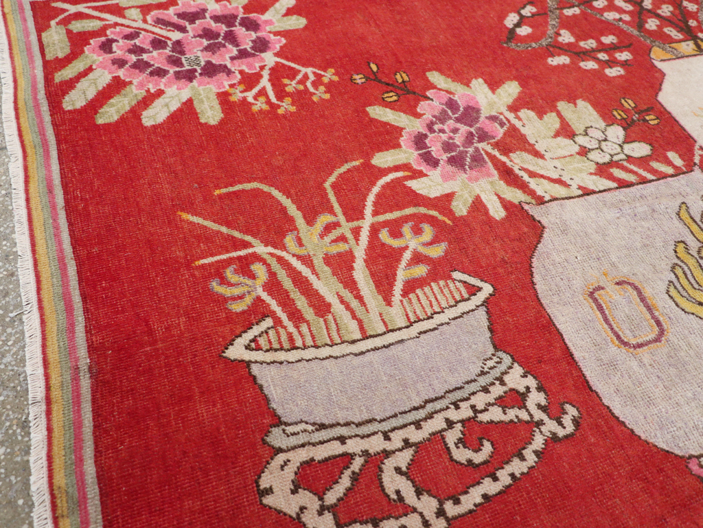 Antique East Turkestan Pictorial Vase Khotan Rug, No.31879 - Gsblank