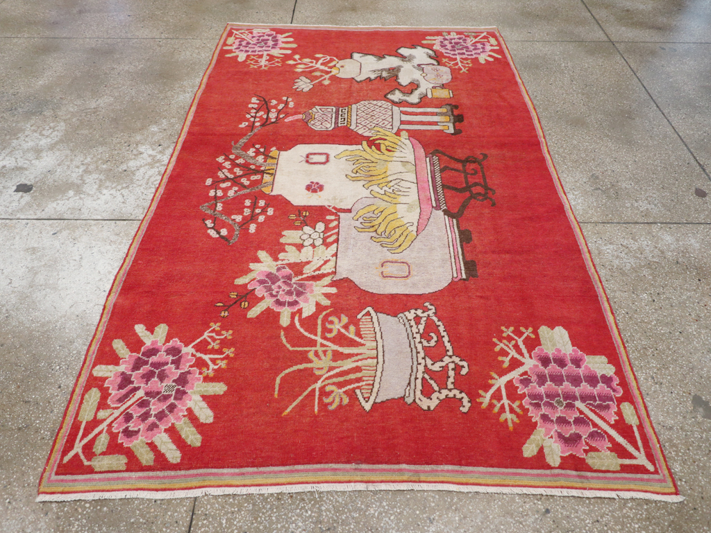 Antique East Turkestan Pictorial Vase Khotan Rug, No.31879 - Gsblank