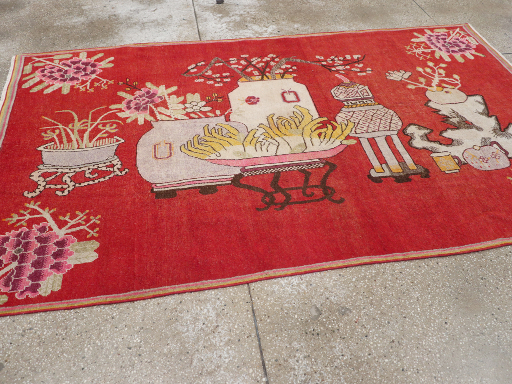 Antique East Turkestan Pictorial Vase Khotan Rug, No.31879 - Gsblank