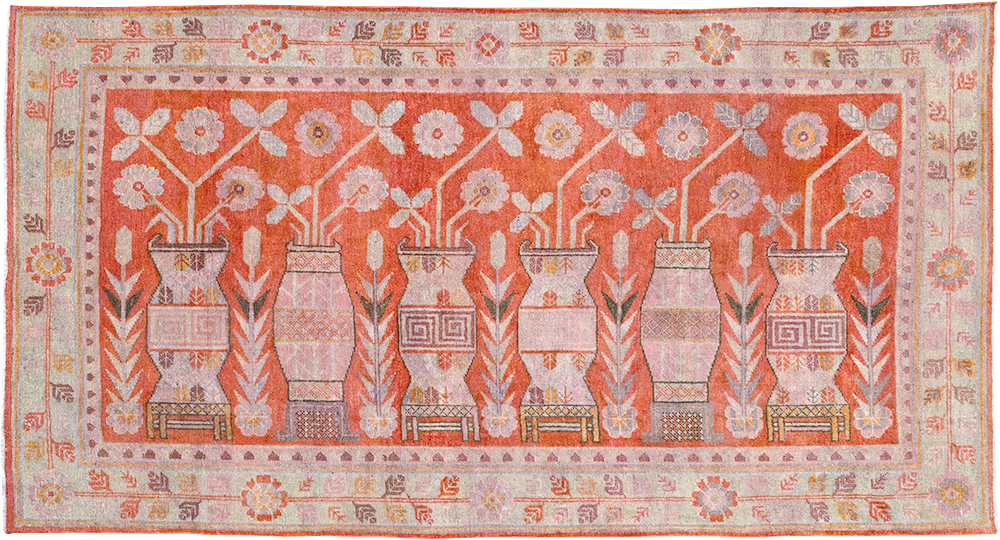 Antique East Turkestan Khotan Pictorial Vase Accent Rug, No.31895 - Gsblank