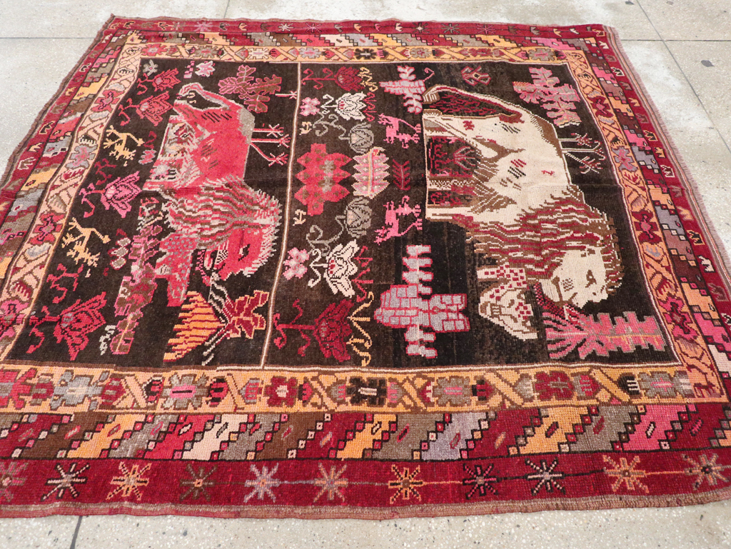 Vintage Turkish Anatolian Square Pictorial Accent Carpet, No.31908 - Gsblank