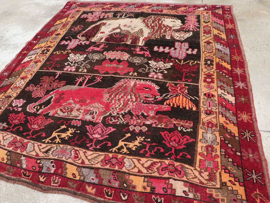 Vintage Turkish Anatolian Square Pictorial Accent Carpet, No.31908 - Gsblank
