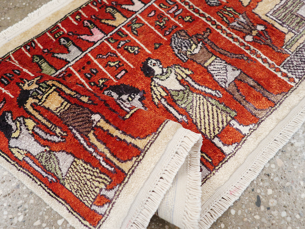 Vintage Persian Quom Pictorial Throw Rug, No.32102 - Gsblank