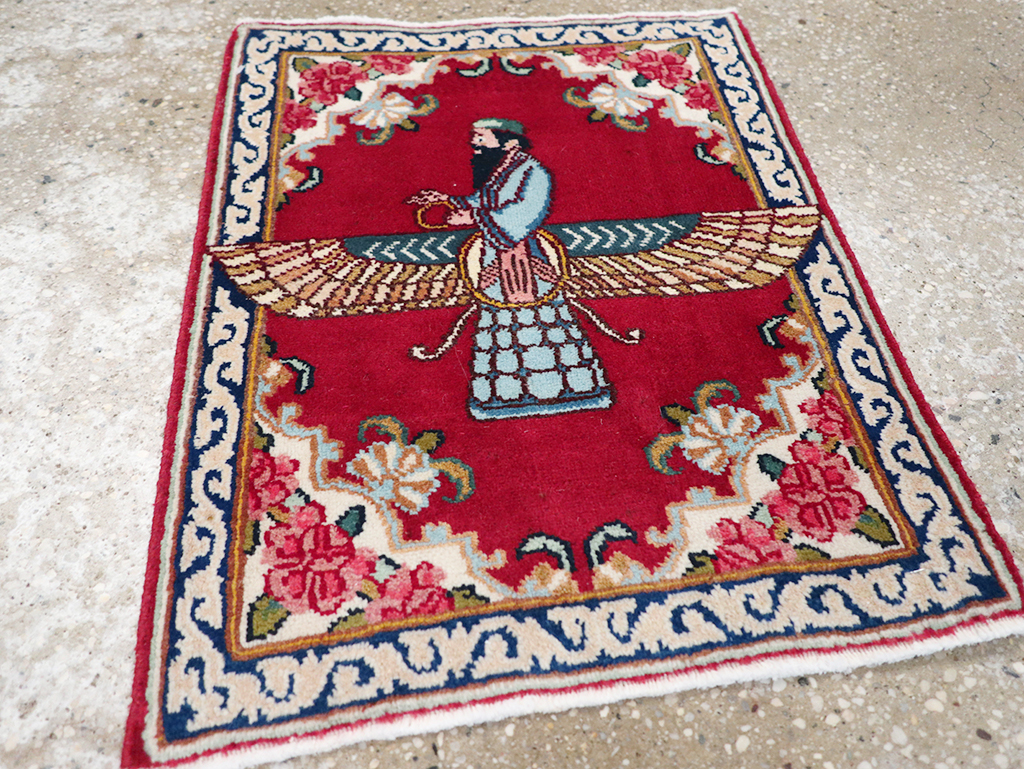 Vintage Persian Kerman Pictorial Throw Rug (Pair: 1 of 2), No.32108 - Gsblank