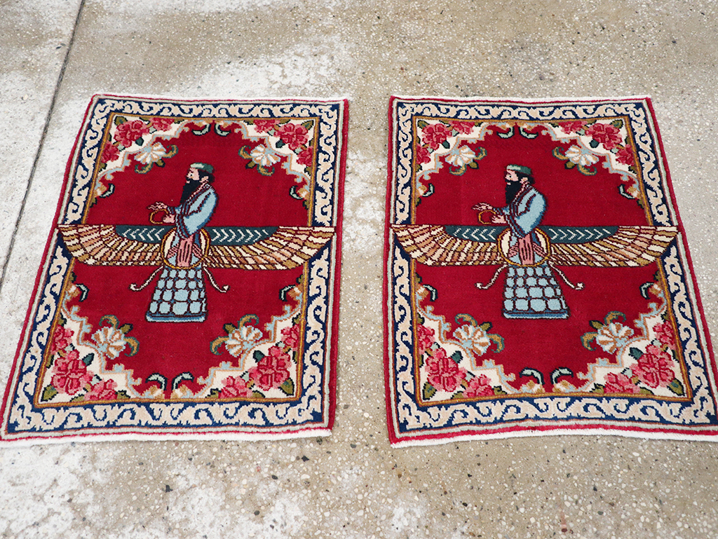 Vintage Persian Kerman Pictorial Throw Rug (Pair: 1 of 2), No.32108 - Gsblank