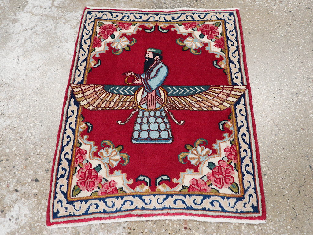 Vintage Persian Kerman Pictorial Throw Rug (Pair: 2 of 2), No.32109 - Gsblank