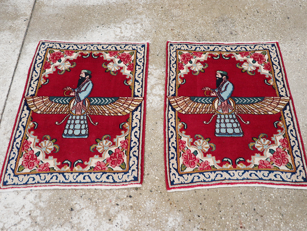 Vintage Persian Kerman Pictorial Throw Rug (Pair: 2 of 2), No.32109 - Gsblank