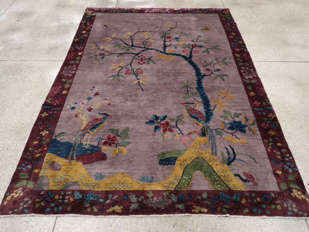 Vintage Chinese Pictorial Art Deco Accent Carpet, No.32358 - Gsblank