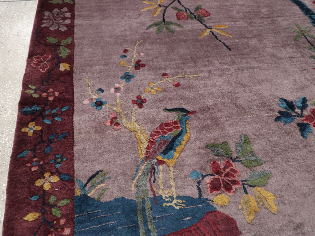 Vintage Chinese Pictorial Art Deco Accent Carpet, No.32358 - Gsblank