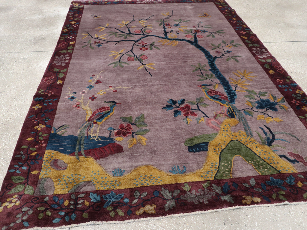 Vintage Chinese Pictorial Art Deco Accent Carpet, No.32358 - Gsblank