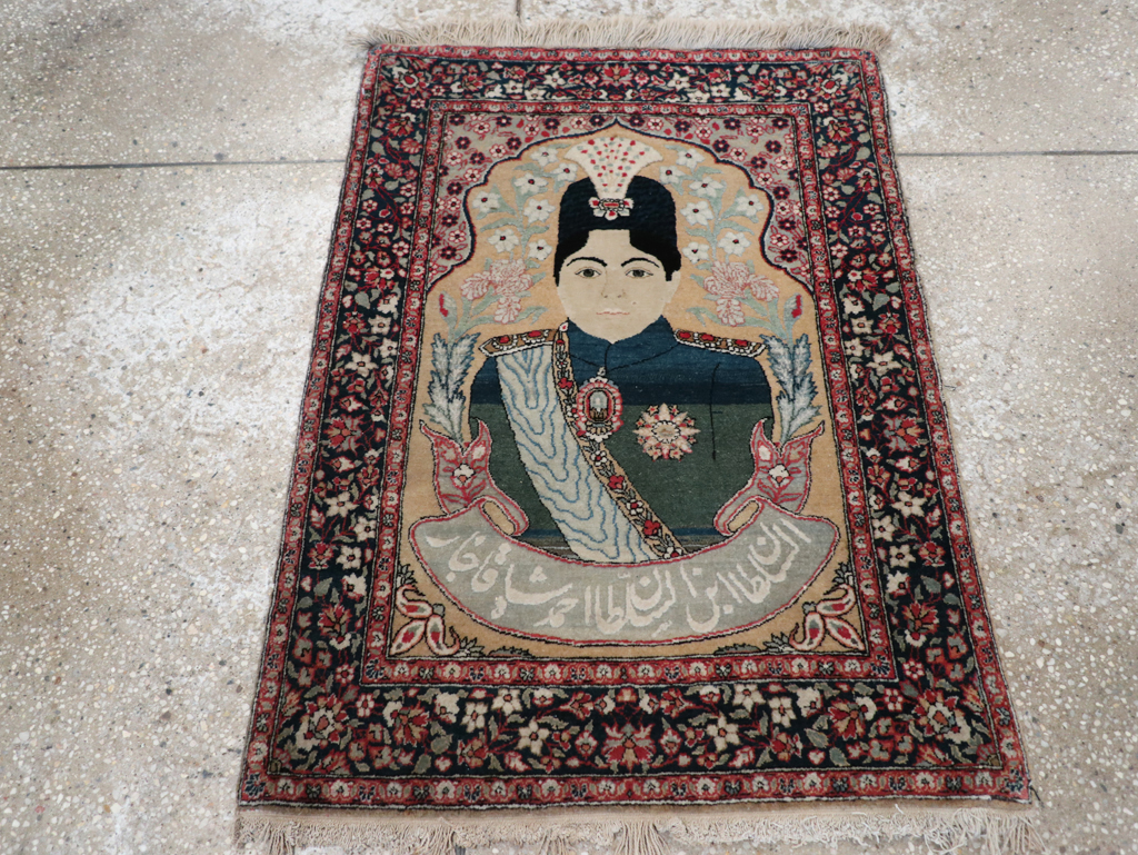 Antique Persian Pictorial Mohtasham Kashan Throw Rug, No.32361 - Gsblank