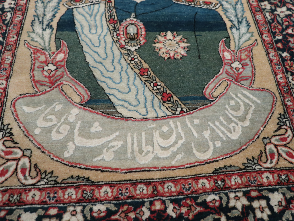 Antique Persian Pictorial Mohtasham Kashan Throw Rug, No.32361 - Gsblank