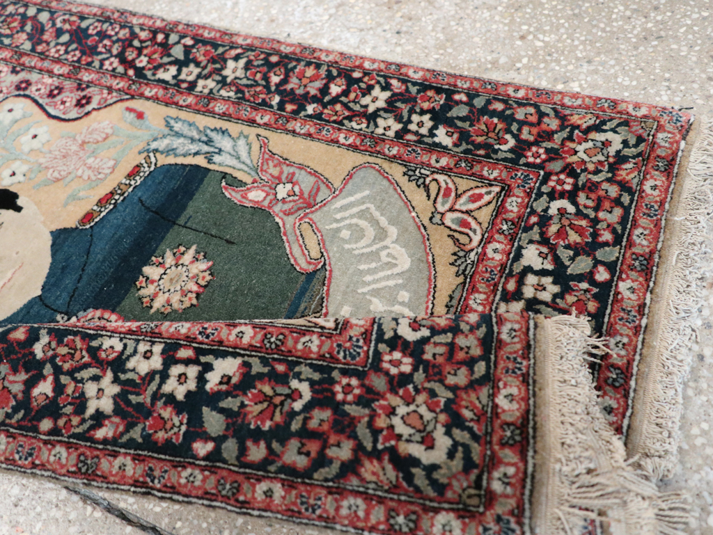 Antique Persian Pictorial Mohtasham Kashan Throw Rug, No.32361 - Gsblank