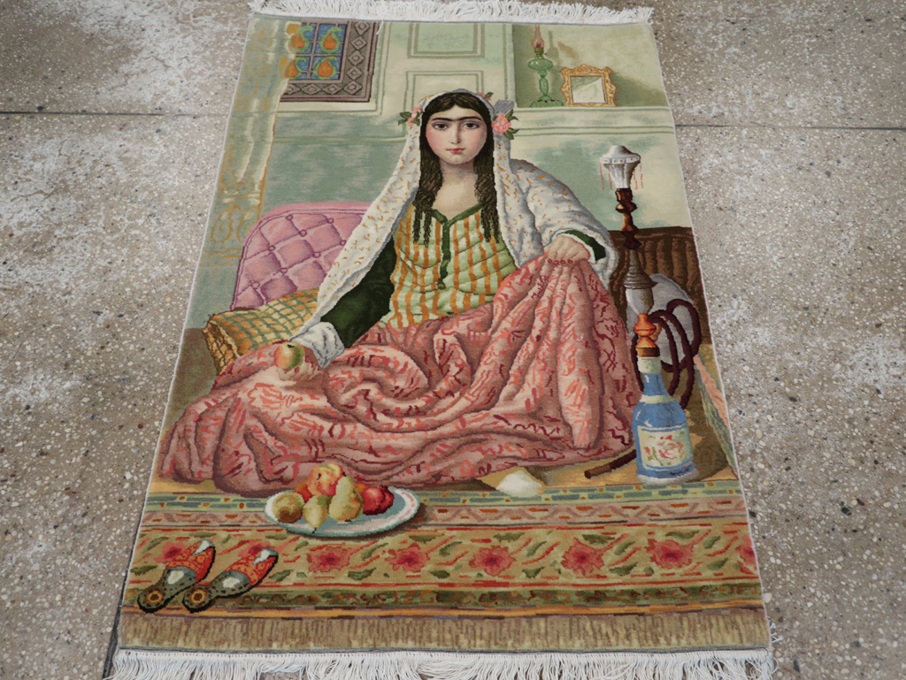 Vintage Persian Tabriz Pictorial Throw Rug (Pair: 1 of 2), No.32417 - Gsblank