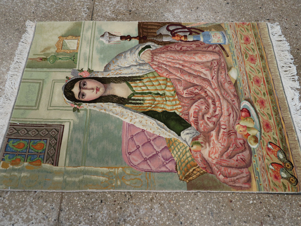 Vintage Persian Tabriz Pictorial Throw Rug (Pair: 1 of 2), No.32417 - Gsblank