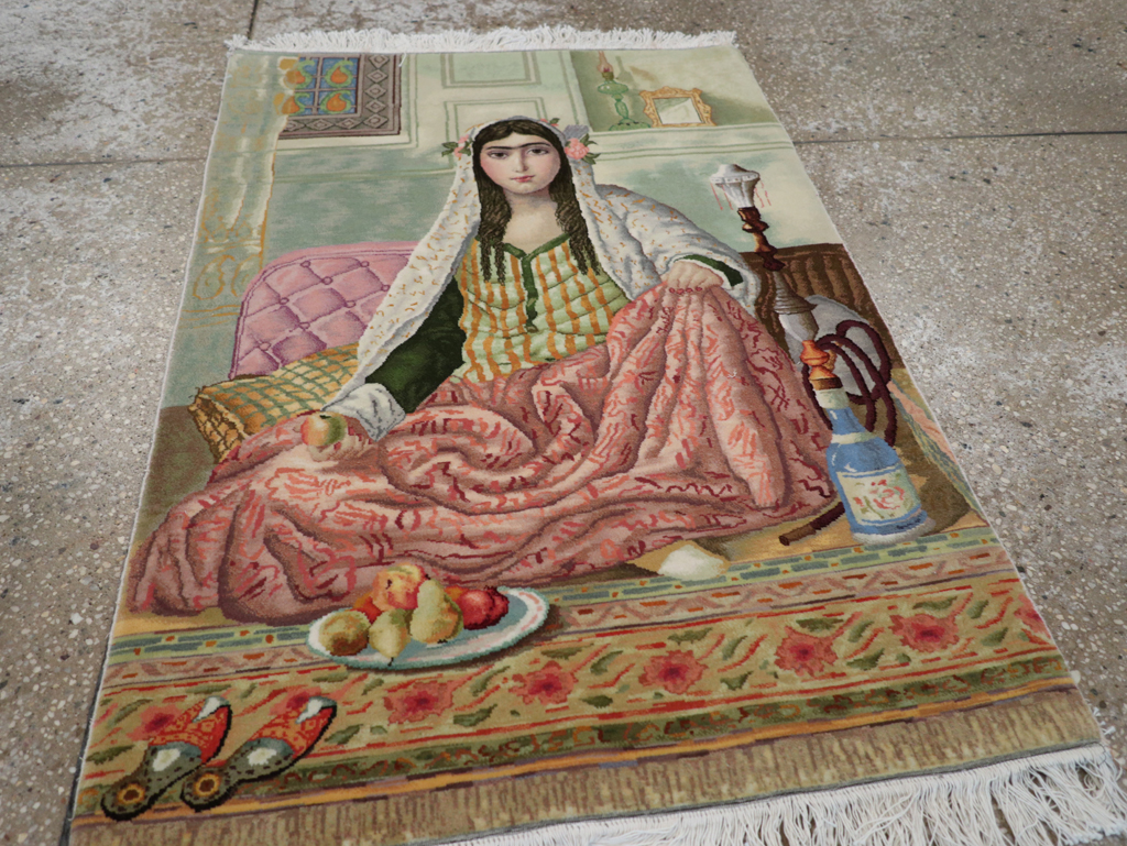 Vintage Persian Tabriz Pictorial Throw Rug (Pair: 1 of 2), No.32417 - Gsblank