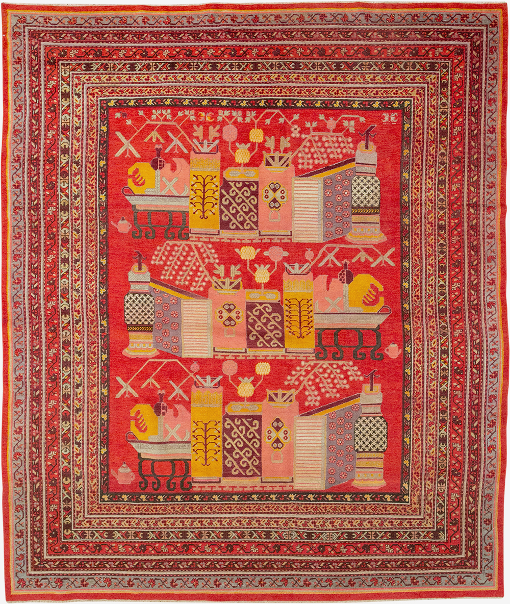 Antique East Turkestan Pictorial Vase Khotan Room Size Carpet, No.32925 - Gsblank
