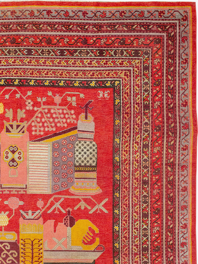 Antique East Turkestan Pictorial Vase Khotan Room Size Carpet, No.32925 - Gsblank