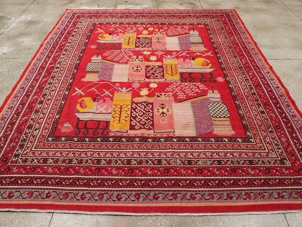 Antique East Turkestan Pictorial Vase Khotan Room Size Carpet, No.32925 - Gsblank