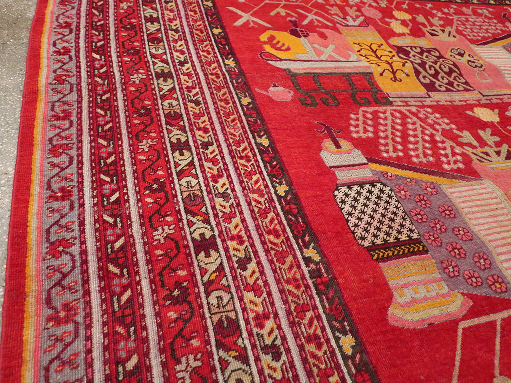 Antique East Turkestan Pictorial Vase Khotan Room Size Carpet, No.32925 - Gsblank